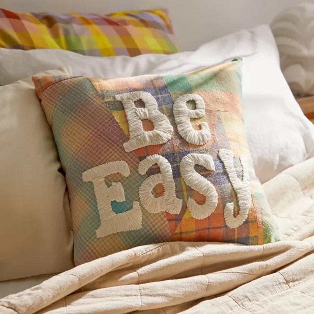 UO Home throw pillow Renewal Be Easy Deadstock Flannel plaid colorful embroider